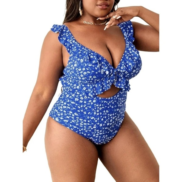 Blue Ditsy‎ Floral Print V Neck Plus Size One-Pieces 3XL(18) - Picture 2 of 12